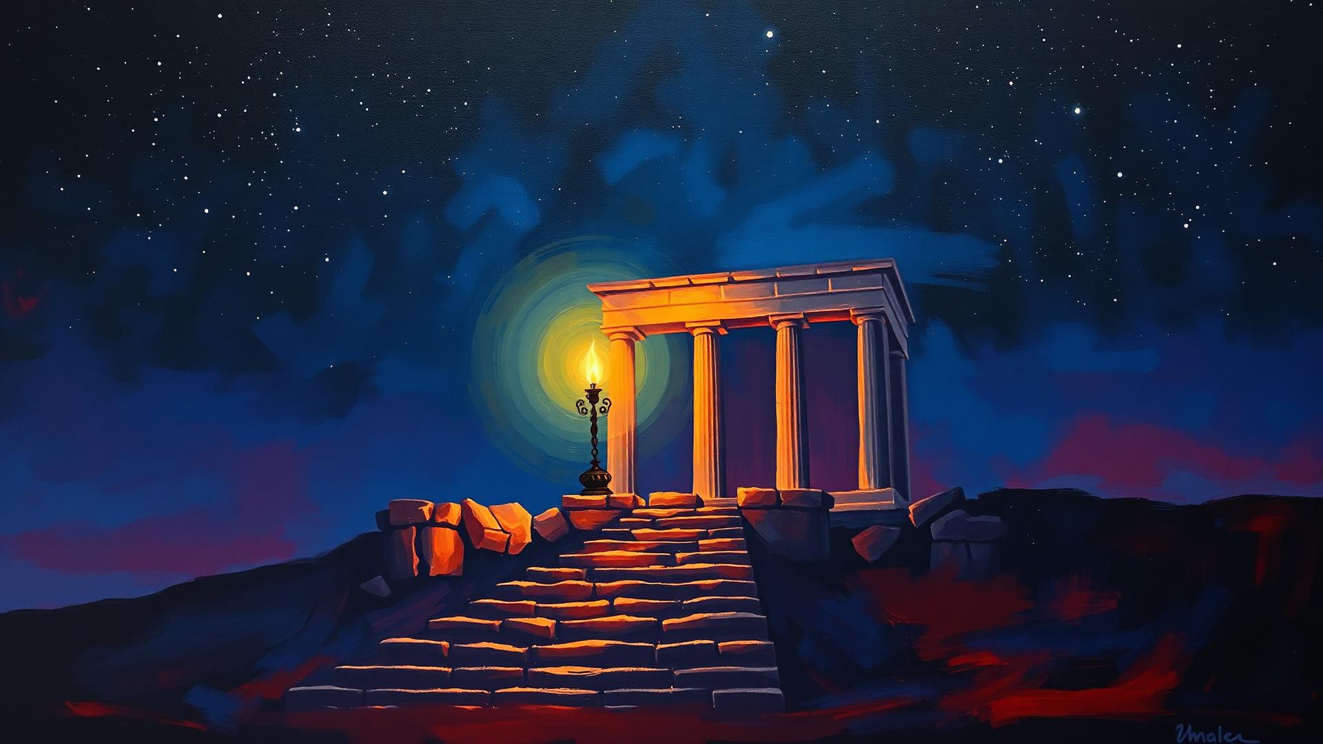 A lamp burning on the steps of a ruined temple at night
